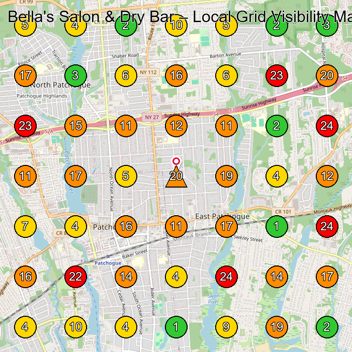 Bella's Salon & Dry Bar Beauty Salon GeoGrid ranking map for Patchogue NY